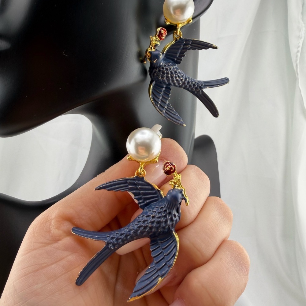 Blue Swallow Pearl Drop Earrings Statement Gold - Picture 12 of 14